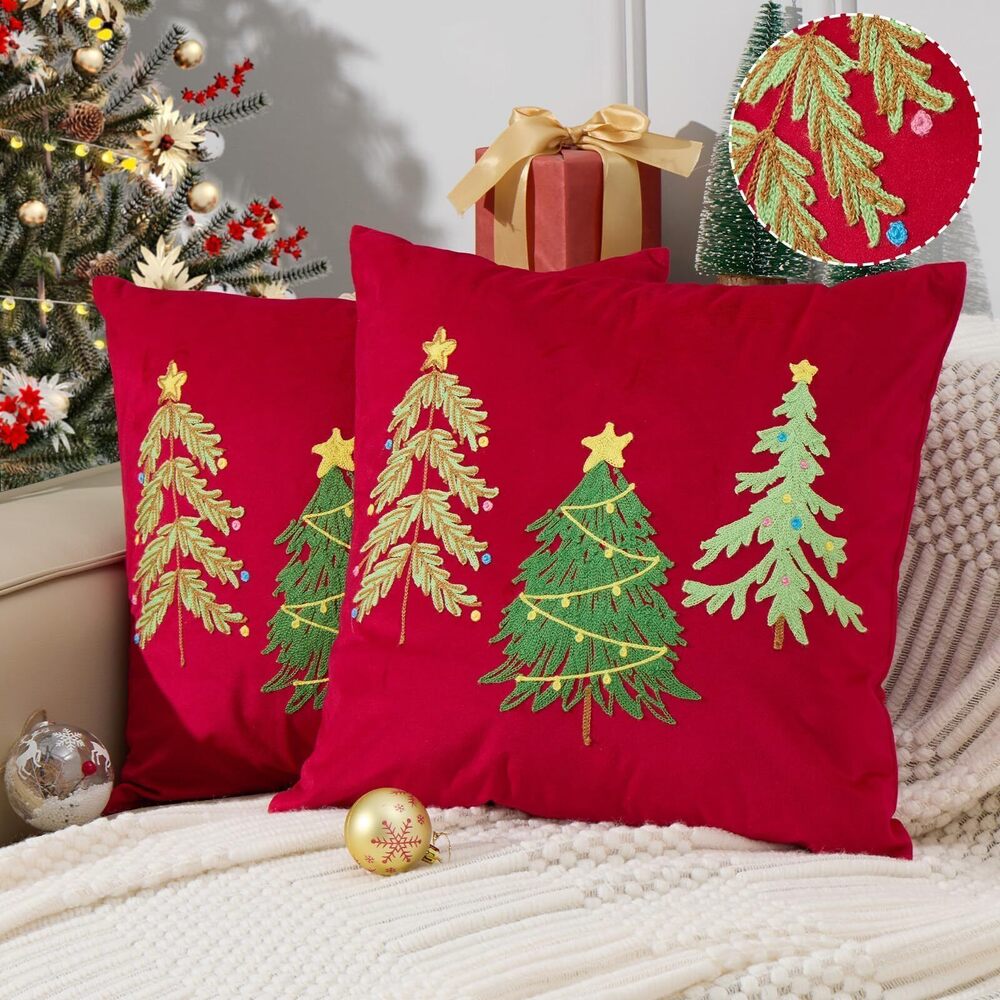 7077 Red Velvet Embroidery Christmas Pillow Cover 18x18 Set of 2, Tufted